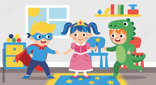 Three happy children playing in fun costumes together.