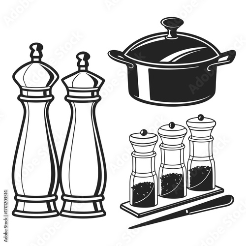 A collection of kitchen essentials including salt and pepper grinders a cooking pot and a spice rack with a knife presented in a clean black and white illustration style