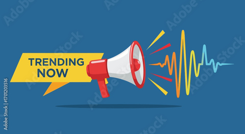 Trending Now Announcement Megaphone with Sound Waves Illustration.