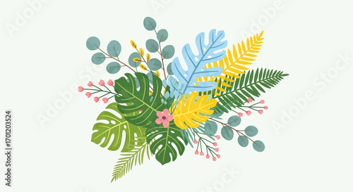 Tropical Leaves and Flowers Arrangement.