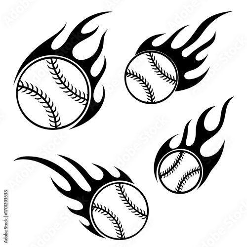 Dynamic black and white graphic design featuring stylized baseballs engulfed in flames conveying speed power and intensity for sports themed projects