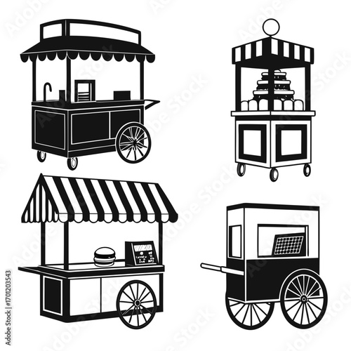 Collection of four diverse black and white silhouette food carts and kiosks with awnings and wheels representing different street food vending styles and options
