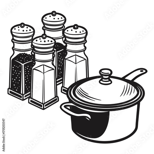A stylized illustration of a cooking pot with a lid and four salt and pepper shakers in a black and white graphic style representing kitchen essentials