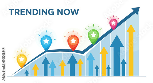 Trending Now Concept with Upward Arrow and Colorful Star Icons.