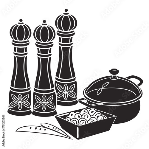 A stylized black and white illustration featuring three decorative salt and pepper grinders a lidded cooking pot a bowl of olives and a few scattered peas