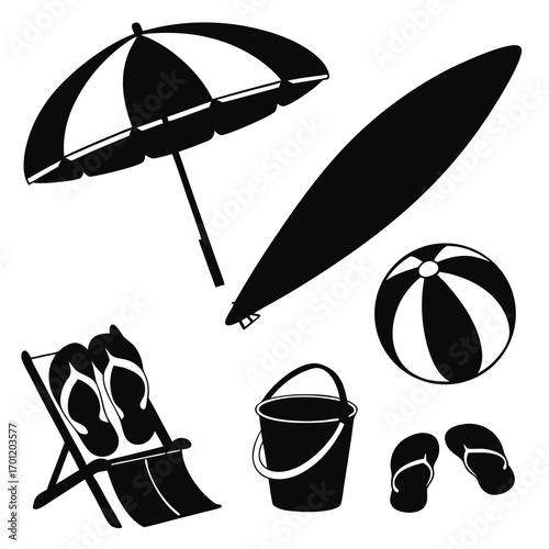 A collection of black silhouette beach vacation items including a striped umbrella surfboard beach ball deck chair with flip flops bucket and additional flip flops on a white background