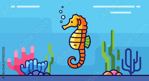 Vibrant Illustrated Seahorse Marine Life Creature Swimming Gracefully.