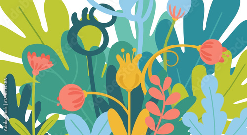 Vibrant Botanical Illustration with Lush Foliage and Colorful Flowers.