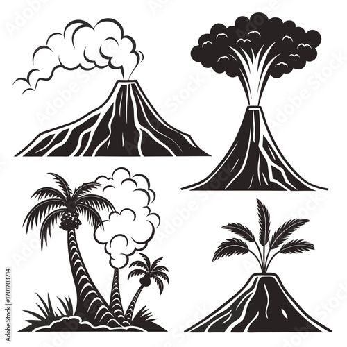 Collection of stylized black and white volcano illustrations showing eruptions and tropical island scenery with palm trees and smoke
