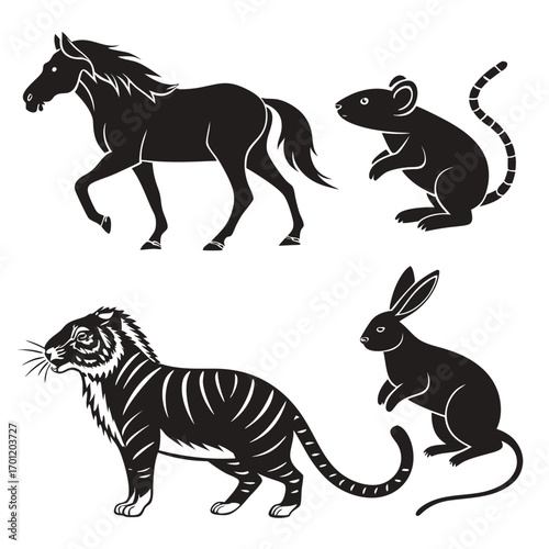Collection of stylized black silhouettes of a horse a tiger a rabbit and a mouse on a white background representing animals from the chinese zodiac