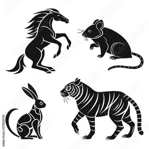 Stylized black silhouette illustrations of a rearing horse a sitting rat a walking tiger and a sitting rabbit against a white background