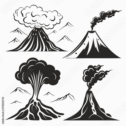 Collection of stylized black and white volcano illustrations depicting eruptions and smoke plumes against a backdrop of mountains