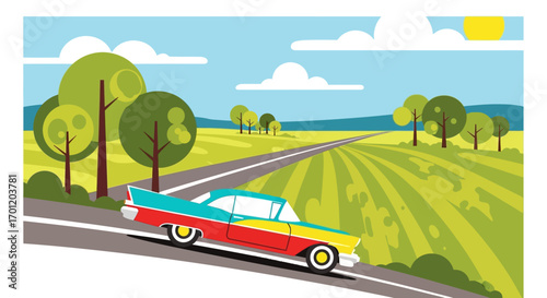 Vintage American Classic Car Driving on a Country Road.