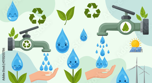 Water conservation and environmental protection symbols for sustainability.