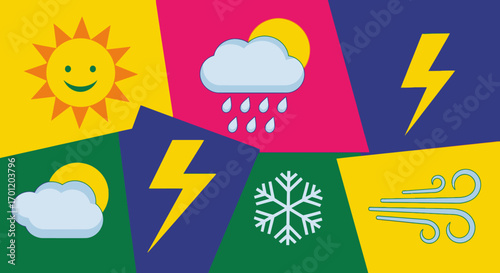 Weather Icons Set Sun Rain Lightning Snow Wind.