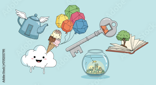 Whimsical collection of floating objects representing imagination and dreams.
