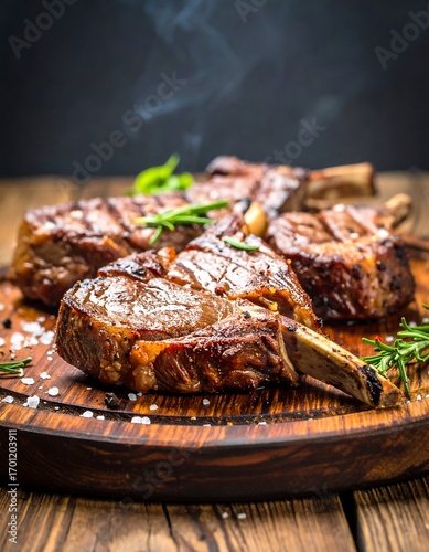 Grilled rib steaks on wooden platter