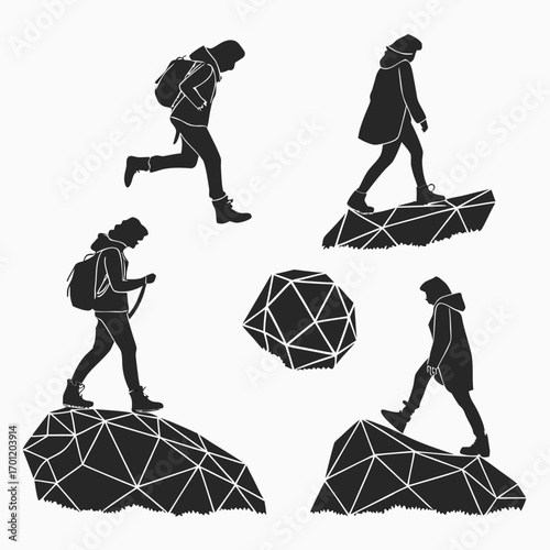 Silhouettes of hikers with backpacks and trekking poles navigating rocky terrain and geometric shapes representing adventure and exploration