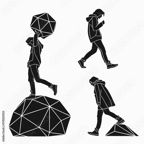 Silhouettes of a person in a hooded jacket in various poses interacting with geometric shapes representing movement and abstract concepts