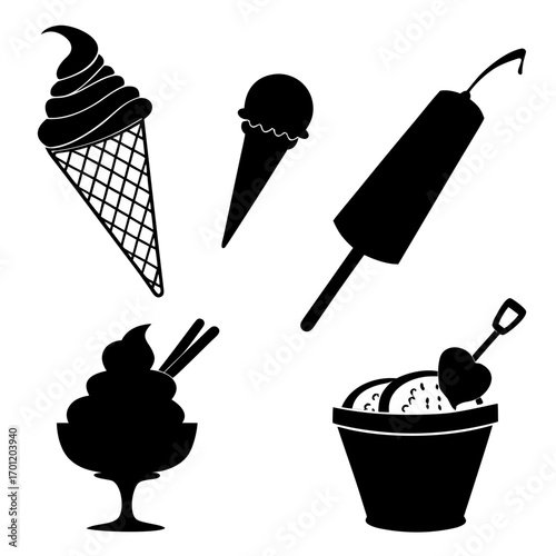 Collection of black silhouette icons representing various frozen treats and summer fun items including ice cream cones a popsicle a sundae and a sand bucket with a shovel