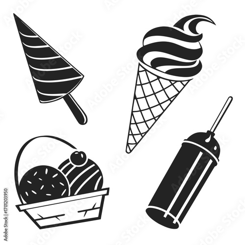 A collection of stylized black and white illustrations of various ice cream treats including a popsicle a soft serve cone ice cream scoops in a basket and a frozen drink