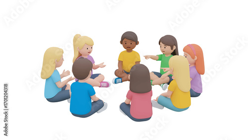 Children sitting in circle playing game together on white background, fostering friendship and teamwork through interactive activity, creating a sense of community.