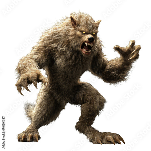 Fierce Werewolf Creature Standing in Aggressive Pose with Fur