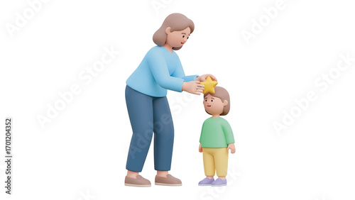 Loving mother placing a star on her child's head in a brightly lit room, symbolizing achievement and affection in a tender moment.