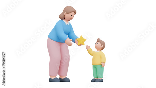 Mother gives a star to her son on a white background, symbolizing love, support, and encouragement in a heartwarming and tender moment.