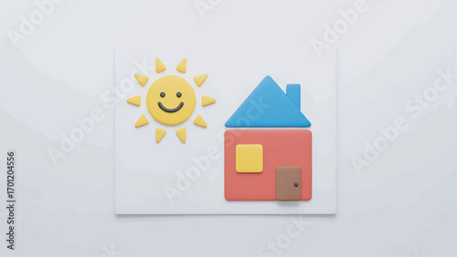 Smiling sun shines brightly next to a small, colorful house on a white surface, creating a cheerful and inviting scene, perfect for a children's book or educational material.