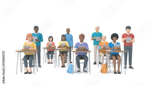 Diverse group of students using tablets in classroom during lesson, showcasing modern education and technology integration in a bright, clean environment.