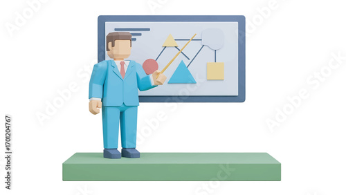 Businessman presenting data on whiteboard in modern office, explaining charts and diagrams with a pointer, showcasing success and achievement.