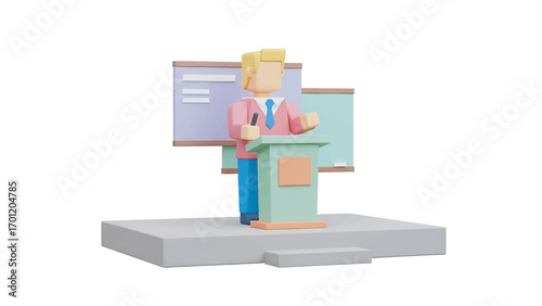 Teacher lecturing students from podium in classroom with chalkboard, delivering knowledge and inspiring learning in educational setting.