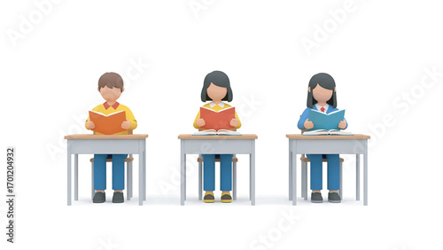Students reading books at desks in classroom during lesson, focusing on their studies and learning in a bright and educational atmosphere.