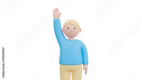 Cartoon character raising hand on white background, indicating a question or volunteering in a simple, clean, and modern style.