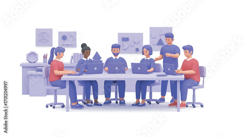 Team collaborates on project around conference table in modern office, discussing data and strategies with focused determination.
