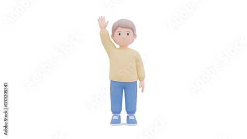 Cartoon character waving hello with friendly gesture on clean white backdrop, creating welcoming and approachable atmosphere.