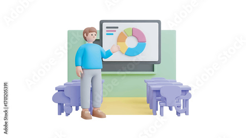 Teacher presenting pie chart on whiteboard in classroom, explaining data analysis to empty desks in a modern, clean style.