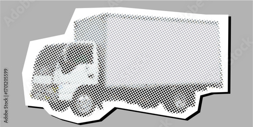 Truck box halftone dotted collage element pointillize in paper torn vector. A striking design for transportation, logistics, and shipping themes.