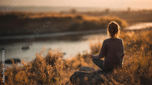 relaxed person meditating in nature, peaceful atmosphere soft natural light