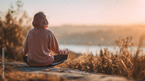 relaxed person meditating in nature, peaceful atmosphere