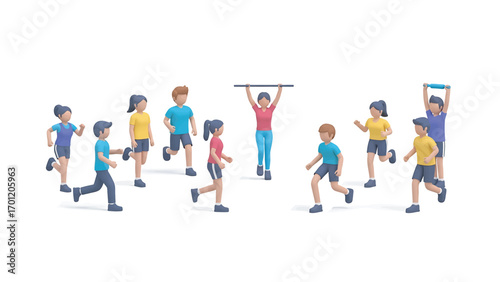 Group of children exercising outdoors, running and lifting weights in a playful and energetic scene, promoting health and fitness.