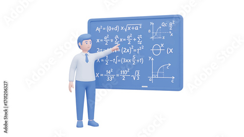 Teacher explaining mathematical formulas on blackboard in classroom, using pointer and wearing casual attire, creating an educational atmosphere.
