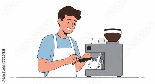 Smiling male barista preparing fresh espresso coffee with a machine, showcasing professional service in a modern café setting. Flat illustration.