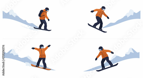 Collection of snowboarders in action, showcasing winter sports and adventure on snowy mountain slopes in a flat design illustration style.