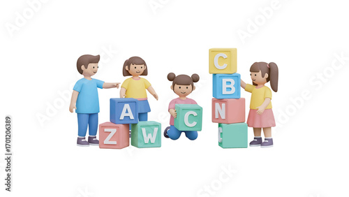 Happy family building a tower of colorful alphabet blocks together in a bright playroom, showcasing learning and togetherness in a playful and joyful atmosphere.
