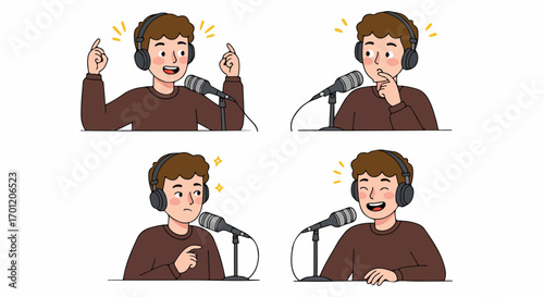Animated podcaster showing different emotions during broadcast: brainstorming, thinking, questioning, and laughing.