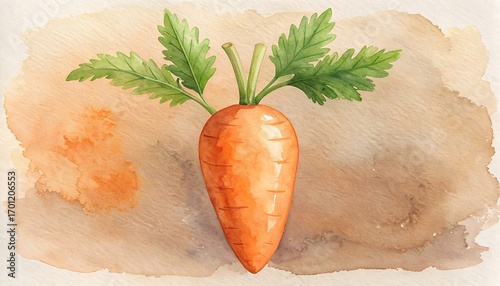 Watercolor carrot with leaves on textured background