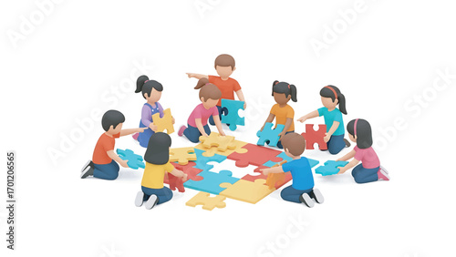 Group of diverse children solving a colorful jigsaw puzzle together on the floor, fostering teamwork and problemsolving skills in a playful learning environment.