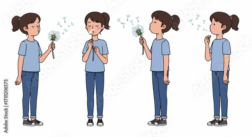 Illustration of a young girl making a wish by blowing a fluffy dandelion, with seeds scattering in the air, expressing childhood innocence and dreams.